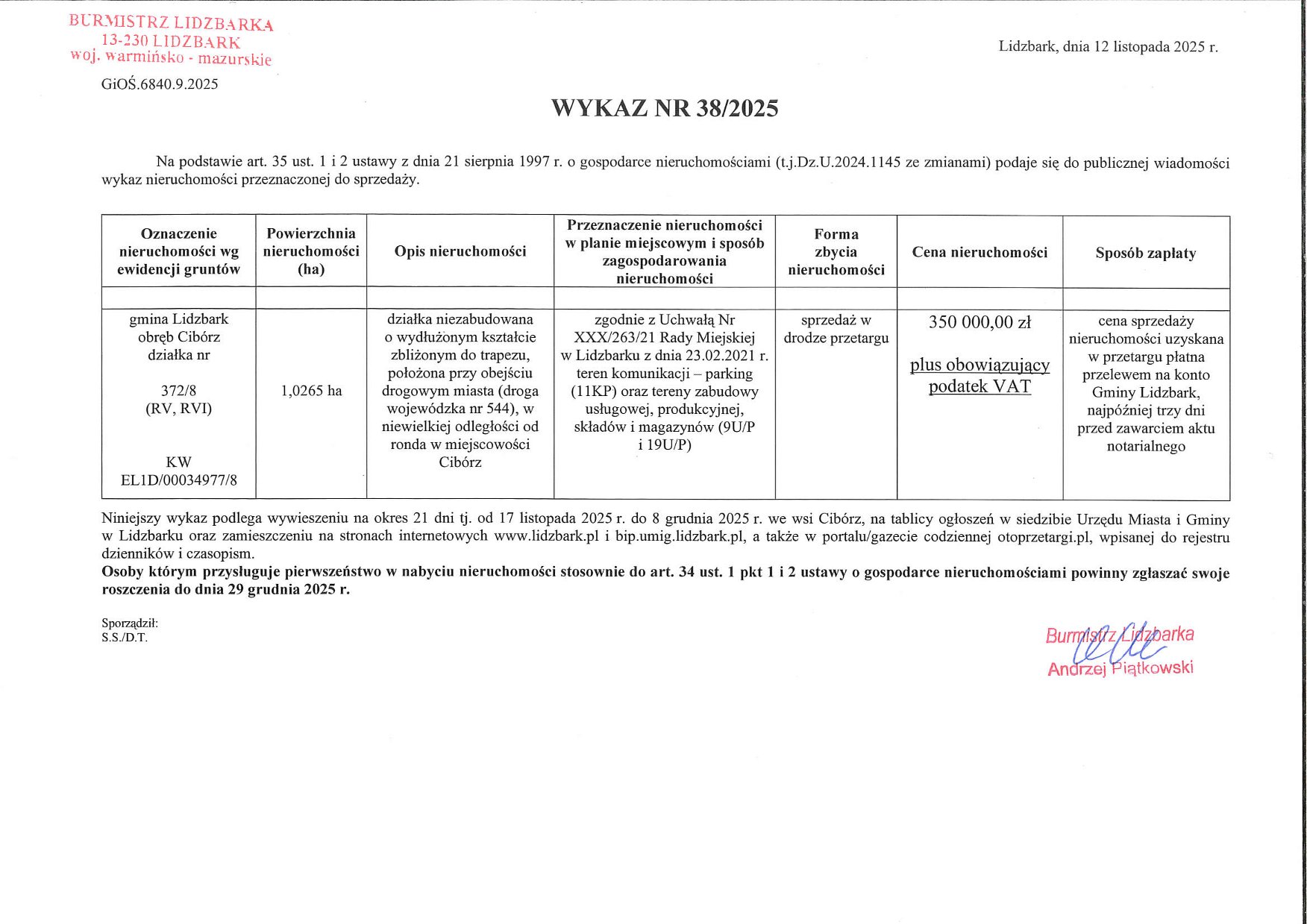Wykaz Nr 38/2025 - Nieruchomość gruntowa do sprzedaży - obr. Cibórz dz. nr 372/8